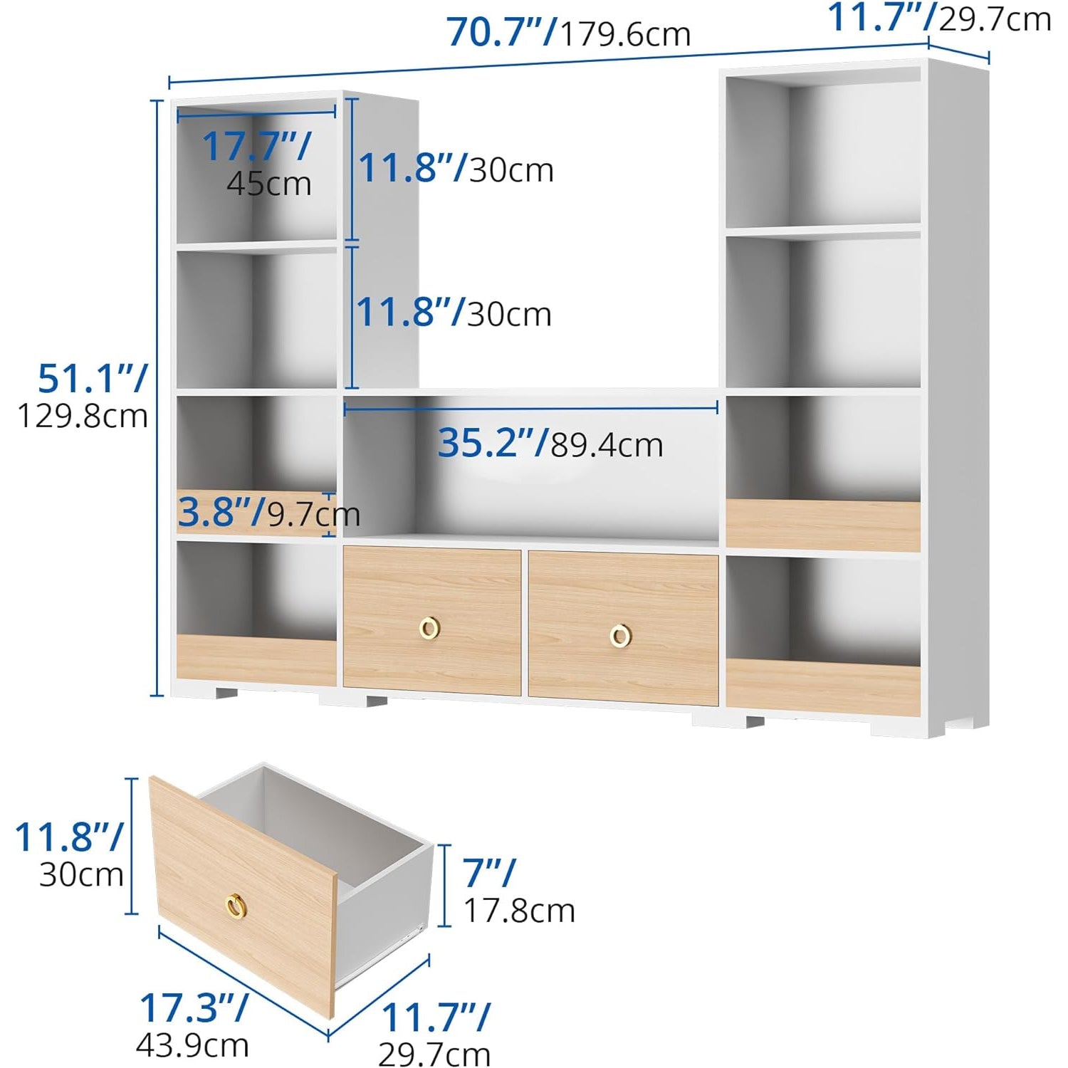 Combination Bookshelf U-Shaped Storage Shelf with 9 Cubes and 2 Drawers