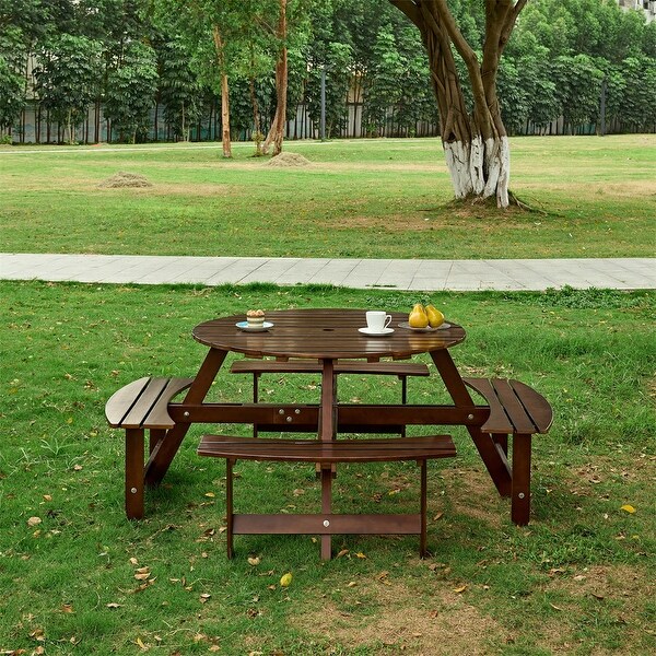 Outdoor Round Wood Picnic Table with 4 BuiltIn Benches，Umbrella Hole