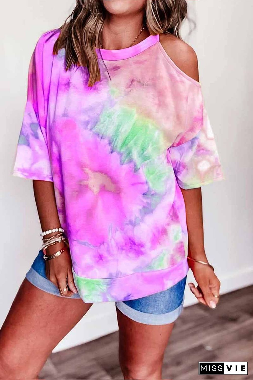 Off-shoulder Tie-dye V-neck T-shirt