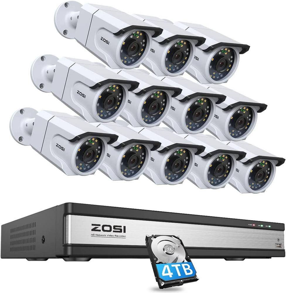 ZOSI 16-Channel 4K POE 4TB NVR Security Camera System with 12 8MP Wired Outdoor Cameras Human Detection Color Night Vision 16SK-1058W12-40-US