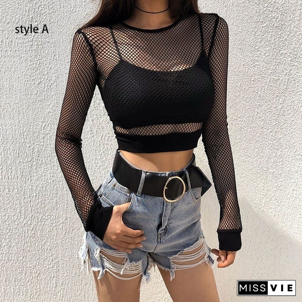 Women's Summer Fashion Black Fishnet Tops Sexy Hollow Long Sleeve Mesh Tops T-shirt Sheer Tops