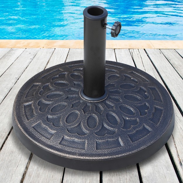 26 Lbs Round Resin Umbrella Base Stand Market Parasol Holder With Beautiful Decorative Pattern For 1 5 quot 1 89 quot Pole For Backyard Bronze