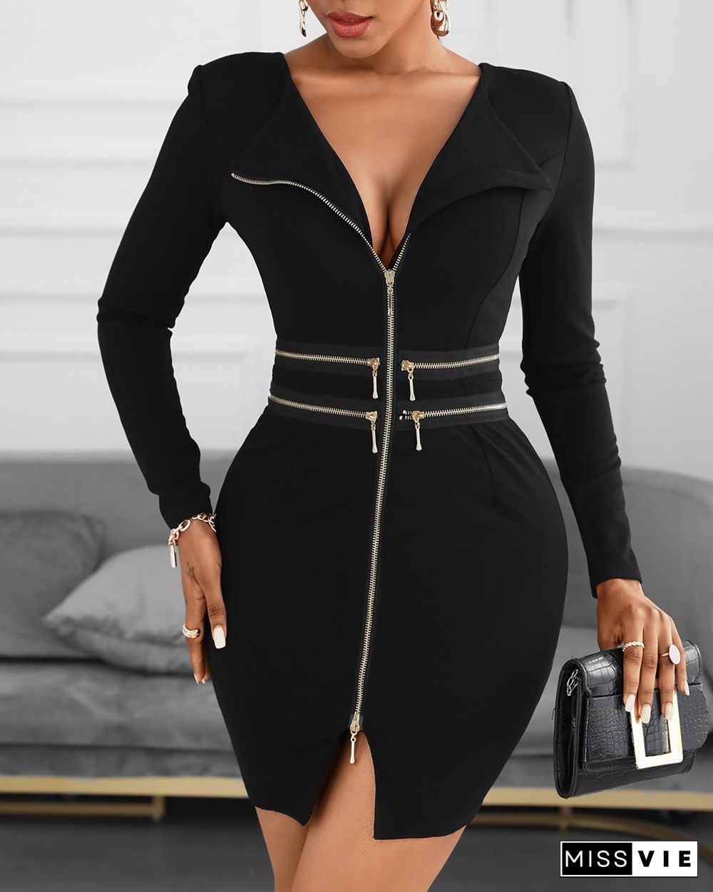 Plain Zipper Design Long Sleeve Dress