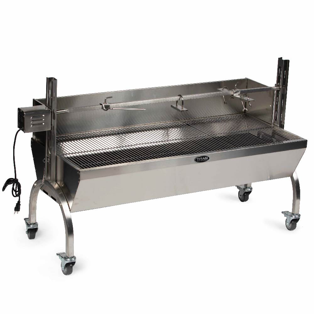 Titan Great Outdoors 13W Stainless Steel Rotisserie Grill, Rated 88 LB, Windscreen, BBQ Spit Roaster