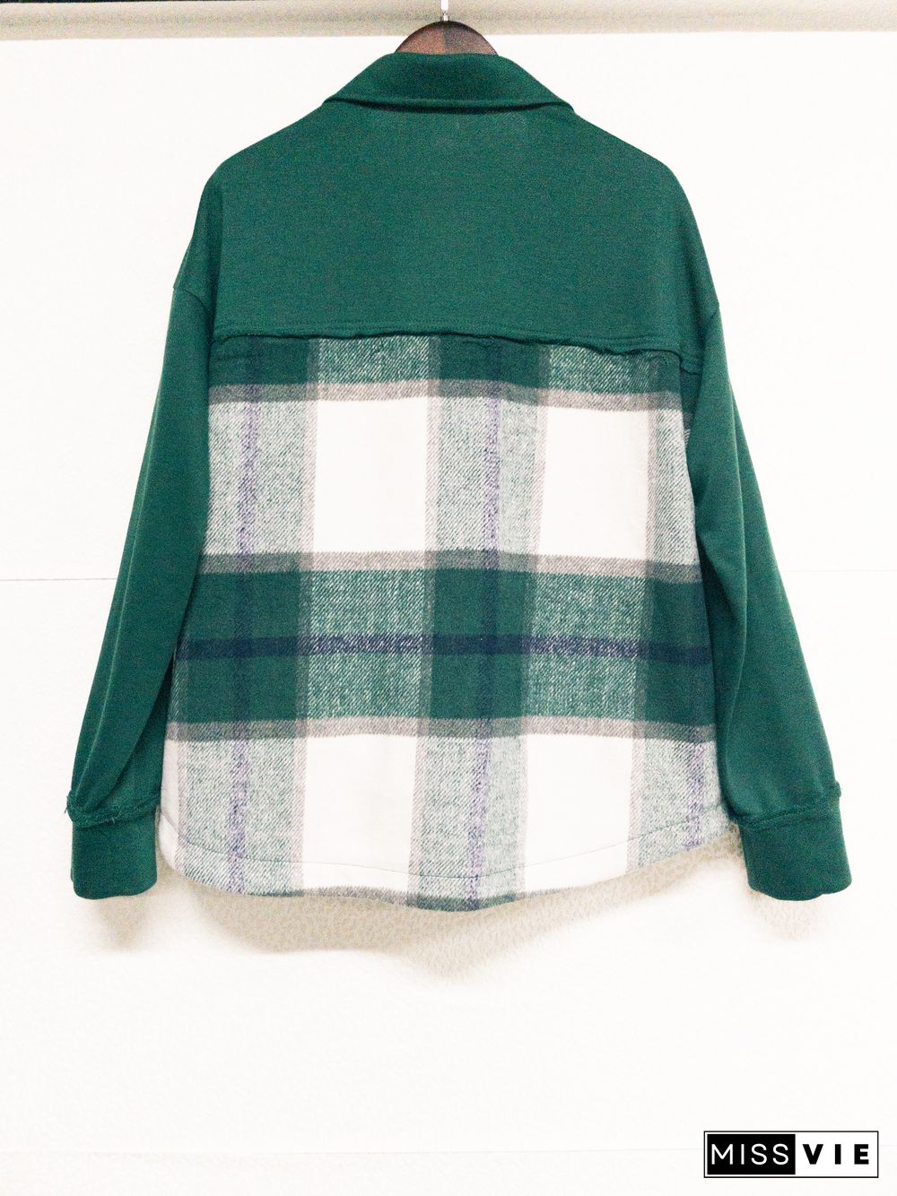 Green Snap Button Splicing Plaid Jackets