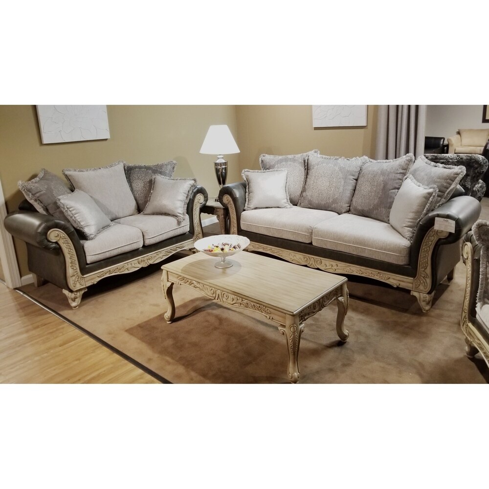 Roundhill Furniture San Marino 2 Tone Fabric Wooden Frame Sofa and Loveseat Set  Gray