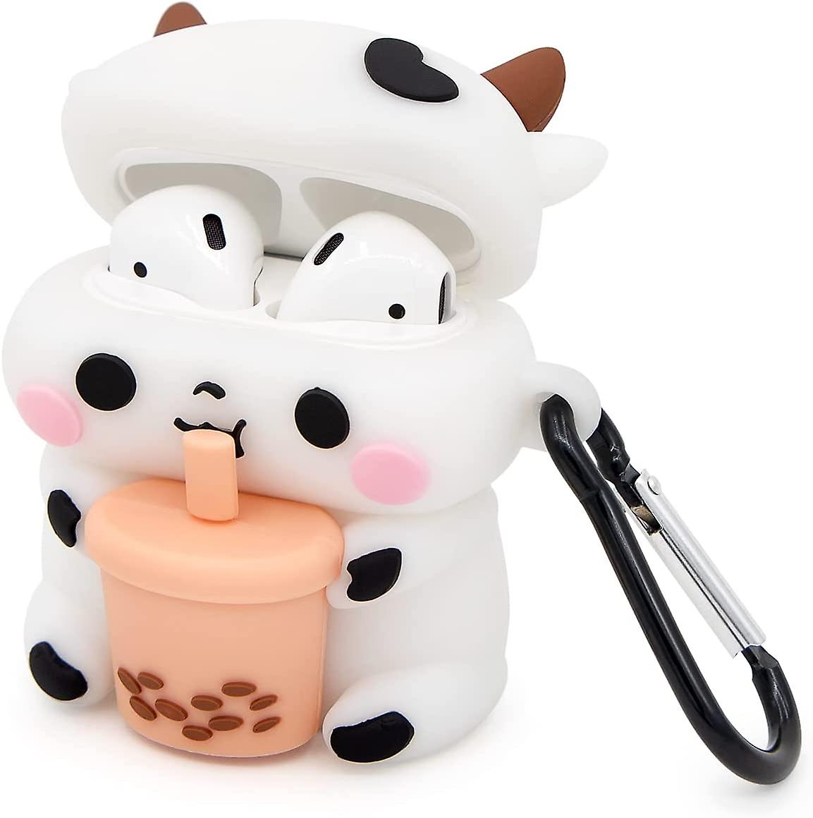 Cute Airpods Case， Airpods 2 Case， Boba Tea Cow Funny 3d Cartoon Animal Case， Soft Pvc Full Protection Shockproof Charging Case Cover With Carabiner F