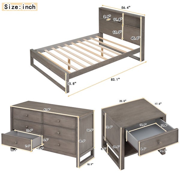 3 Pieces Bedroom Furniture Set， Solid Wood Bedroom Set - Full Size Platform Bed， Wide Chest of Drawers for Closet - - 38050432