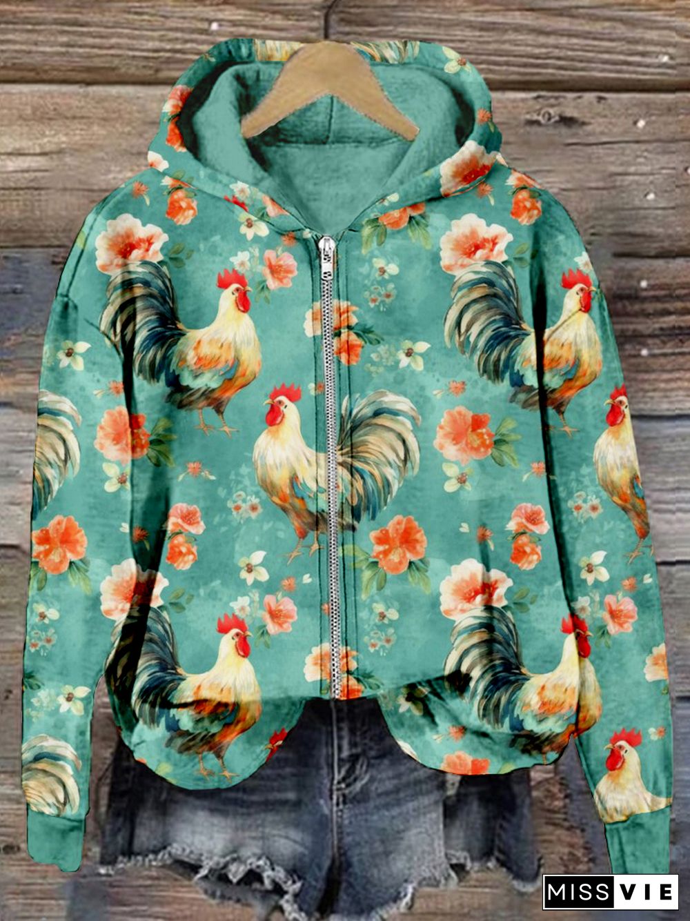 Cute Chicken Breeds Floral Pattern Zip Up Comfy Hoodie