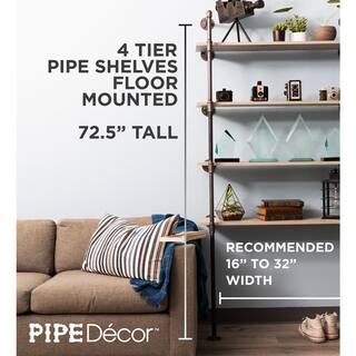 PIPE DECOR 12 in. Black Steel Pipe 11.75 in. D x 72.5 in. H Floor Mounted 4-Tier Shelf Kit 365 PD4TIERFLMT