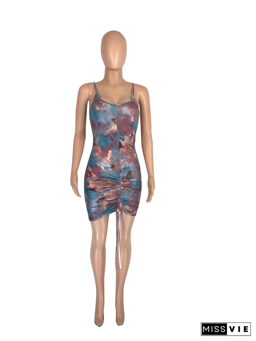 Tie Dye Print Sleeveless Drawstring Ruched Bodycon Midi Dress