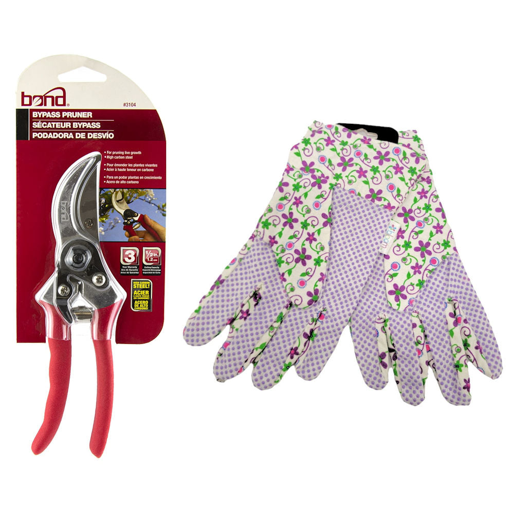 Bond Carbon Steel Bypass 8" Pruner with Garden Women's Floral Gloves, Purple