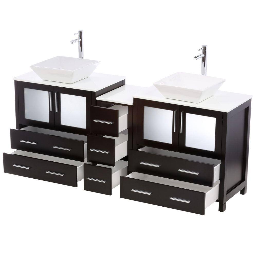 Fresca Torino 72 in. Double Vanity in Espresso with Glass Stone Vanity Top in White with White Basins and Mirrors FVN62-301230ES-VSL