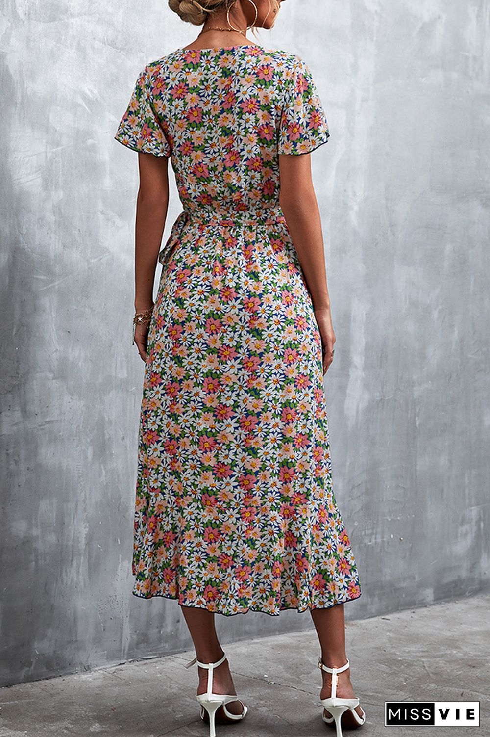 Floral Print V Neck Short Sleeve Dress Wholesale