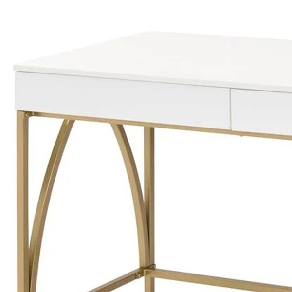 50 Inch Desk Console Table， 2 Drawers， Metal Inverted U Frame， White， Gold