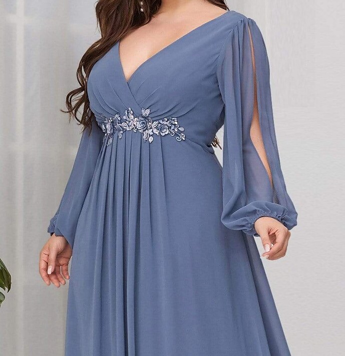 Women's Plus Size Party Dress Pure Color V Neck Long Sleeve Formal Dress