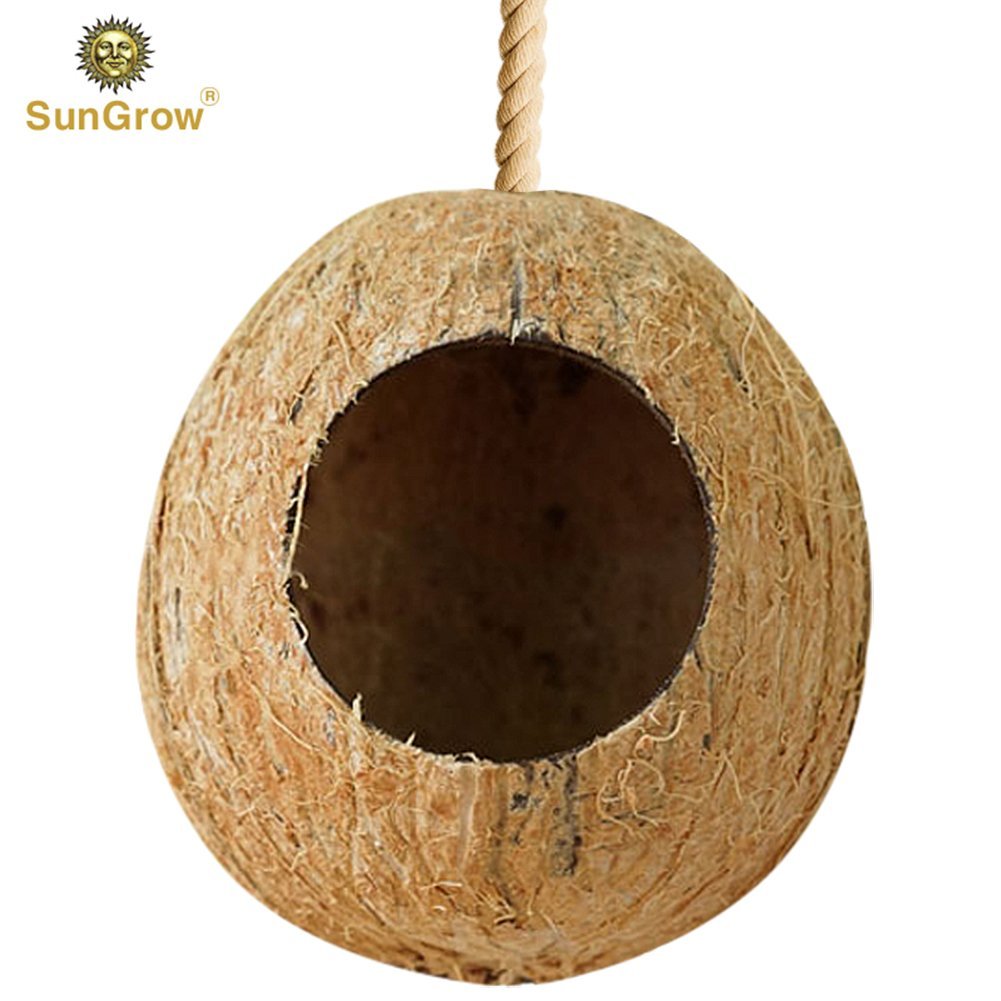 SunGrow Finch and Budgie Coconut Shell Breeding Nest and Bird Seed Storage， Shelter from Cold Weather and Tropical Garden Decor