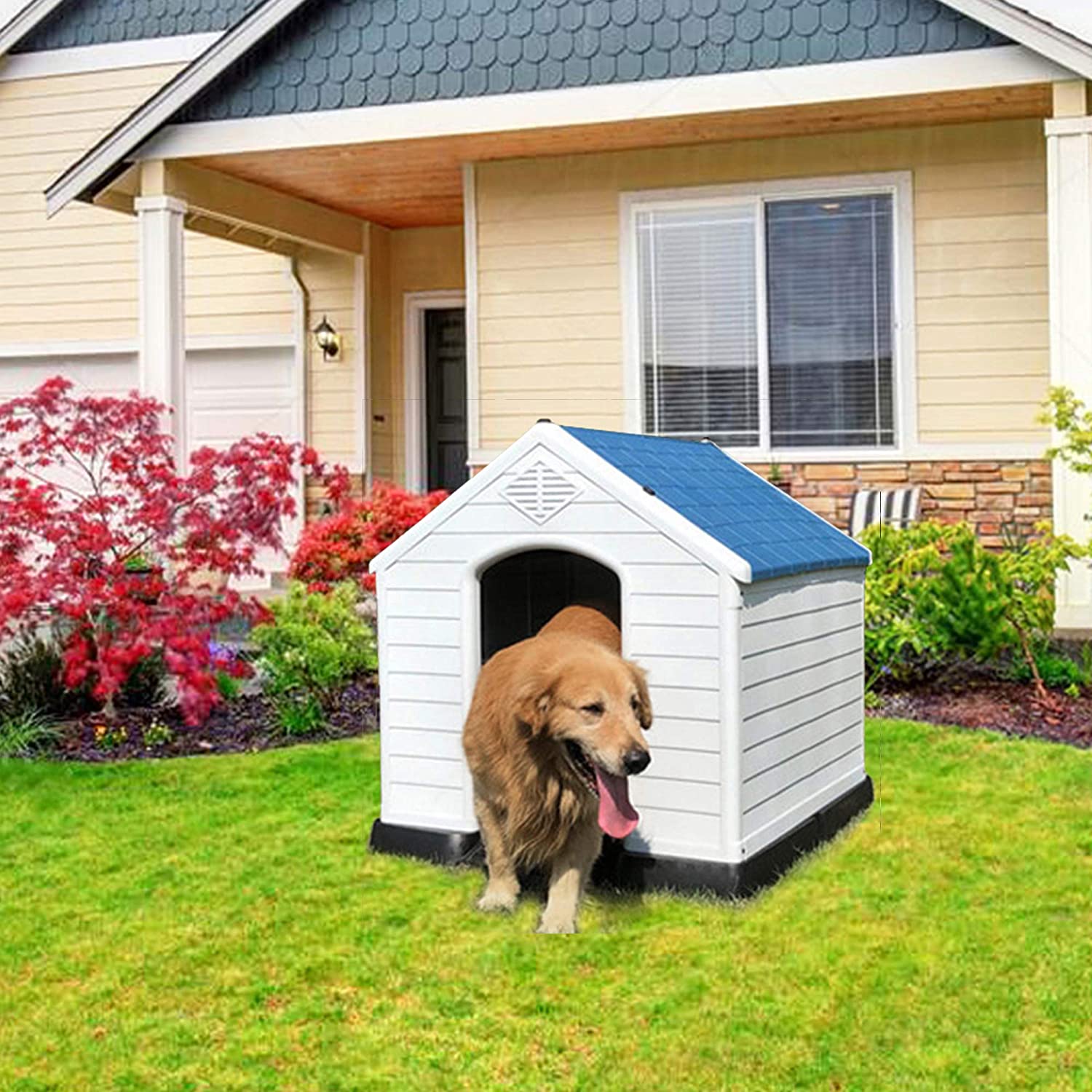 Plastic Dog House - Water Resistant Dog Kennel for Small to Medium Size Dogs All Weather Indoor Outdoor Doghouse Puppy Shelter