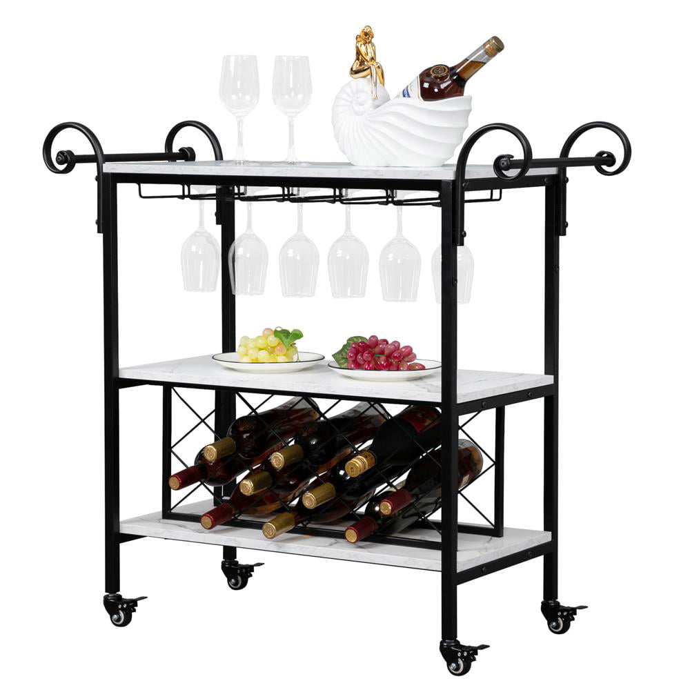 Ktaxon 2-Tier Faux Marble Texture Wood Top Swirl Handle Kitchen Island Serving Bar Cart