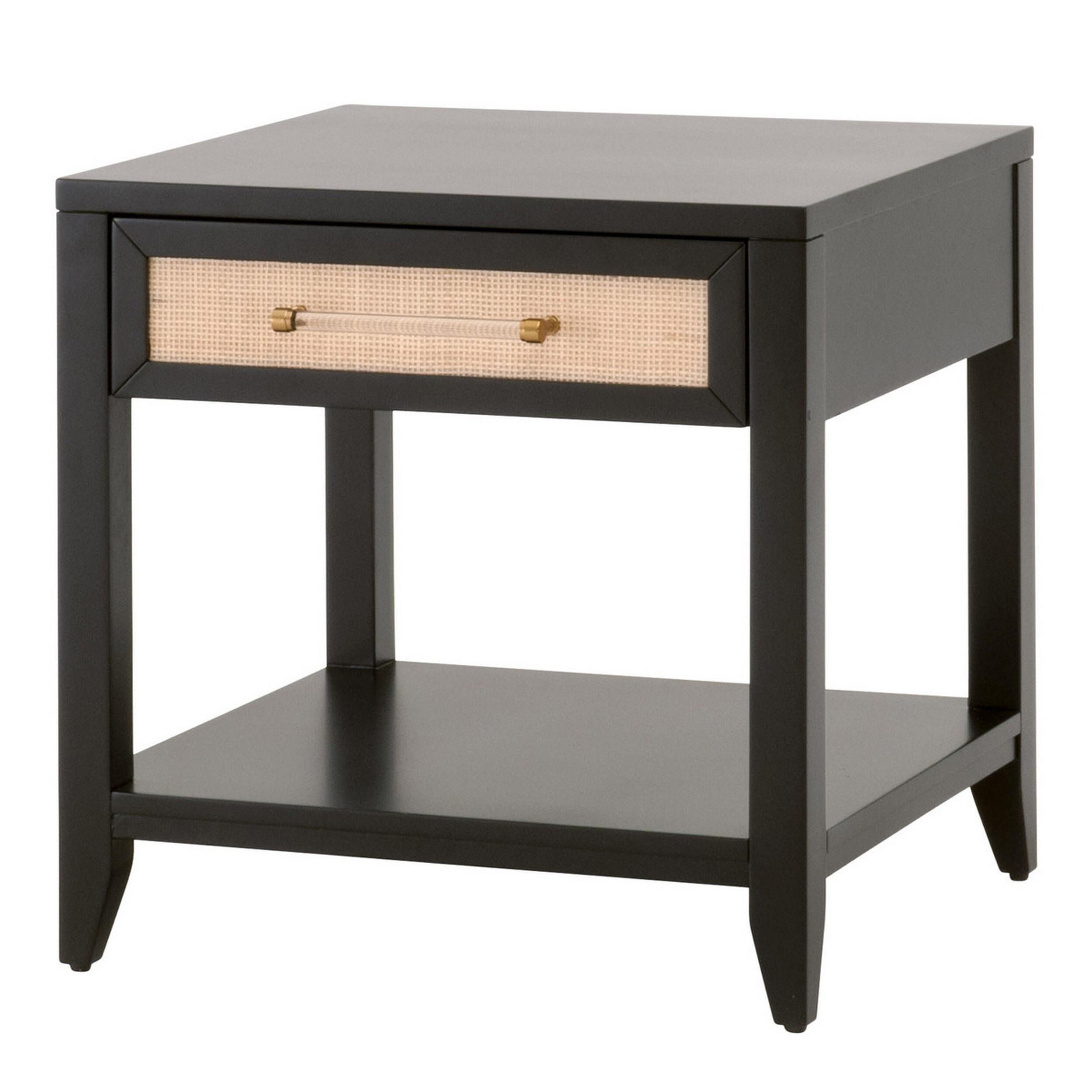 24 Inch Wood Side Table with Rattan Front Drawer， Bottom Shelf， Black