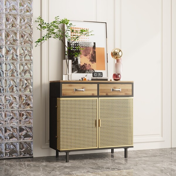 31.5'' Wide 2 Drawer Sideboard， Modern Furniture Decor，Made with Iron + Carbonized Bamboo，Easy Assembly