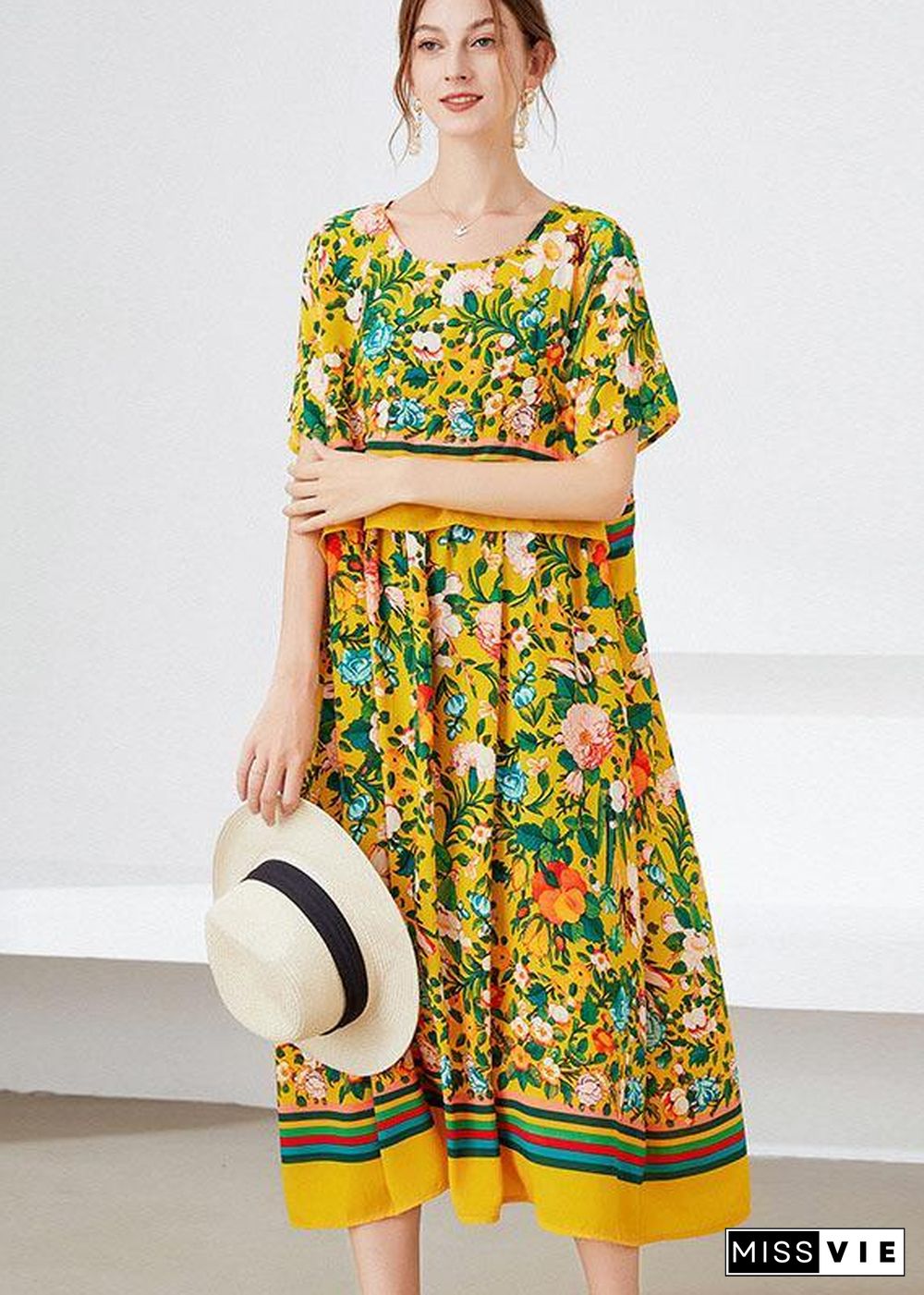 Natural Yellow Loose O-Neck Print Summer Robe Dresses Half Sleeve