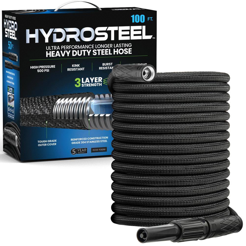 HydroSteel 58 in. Dia x 100 ft. Heavy-Duty Flexible Lightweight Stainless Steel 3-Layer Metal Water Hose 8591