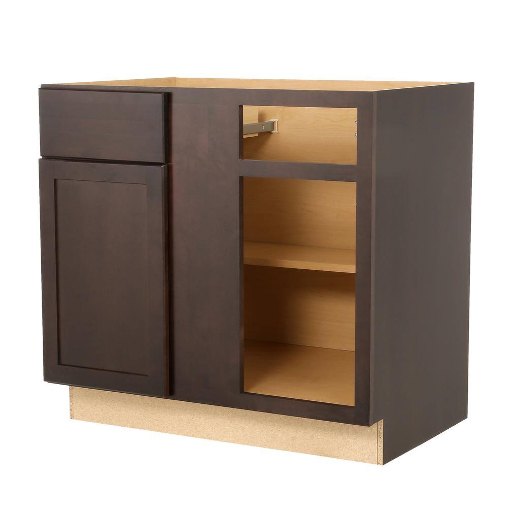 Hampton Bay Shaker Assembled 36x34.5x24 in. Blind Base Corner Kitchen Cabinet in Java KBBC45-SJM