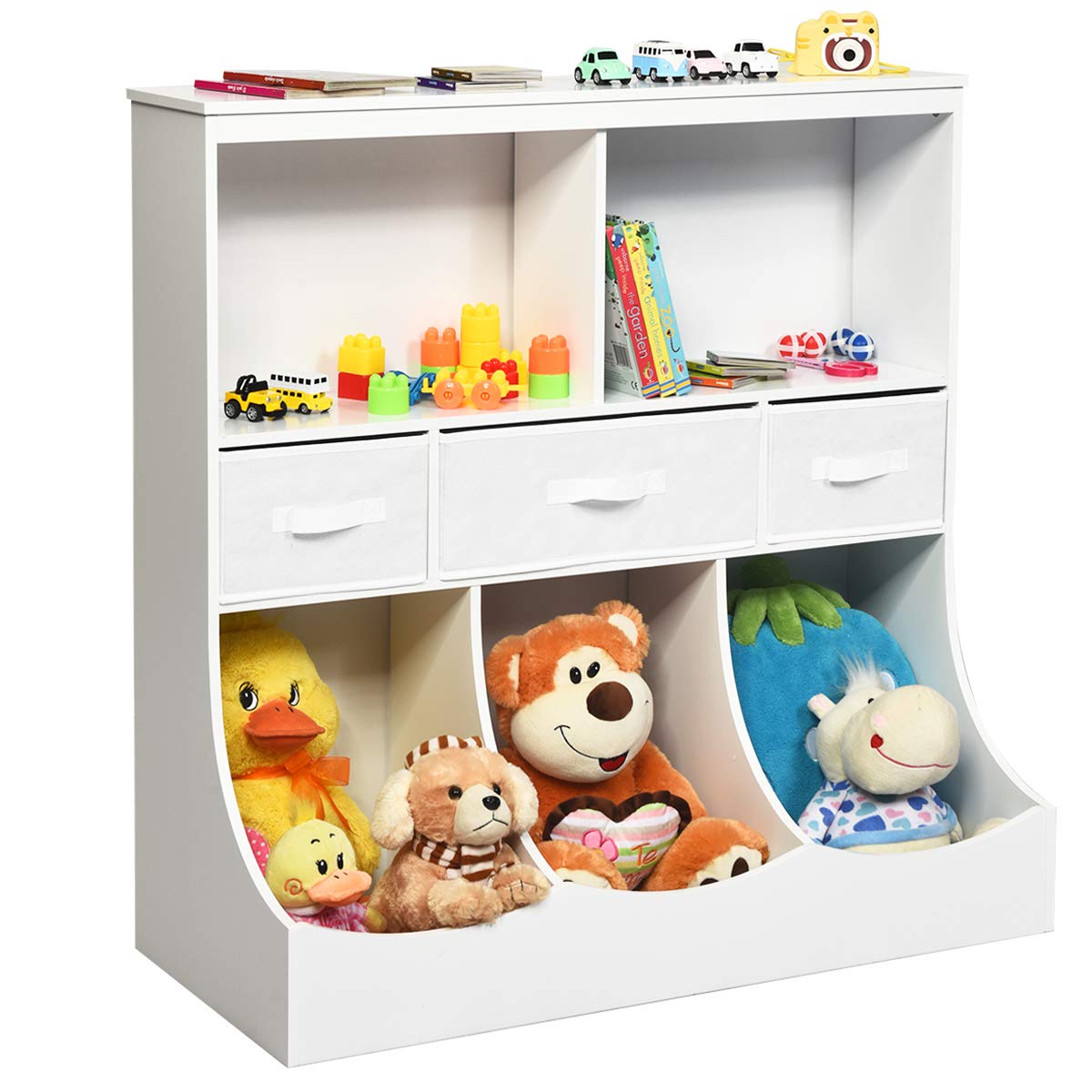 3-Tier Kids Bookcase Toddler Storage Organizer Cabinet Shelf w/ 8 Compartment Box and 3 Removable Drawers for Children