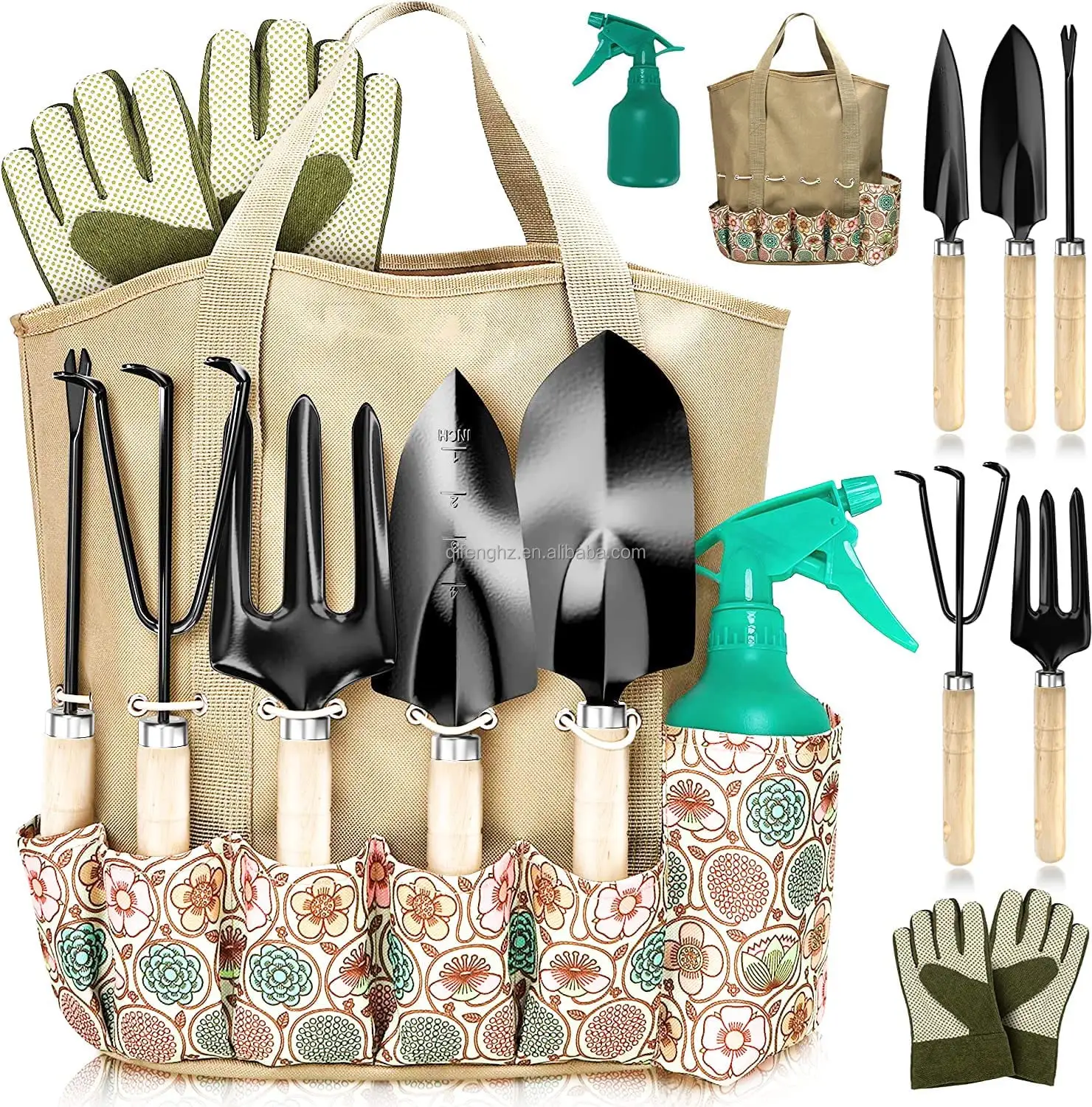 JDSR Garden Tools Set Heavy Duty Hand Gardening Storage Organizer Ergonomic Digging Weeder Rake Shovel Trowel Sprayer