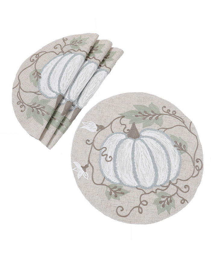 Manor Luxe Harvest Pumpkins and Vines Crewel Embroidered Fall Placemats Set of 4