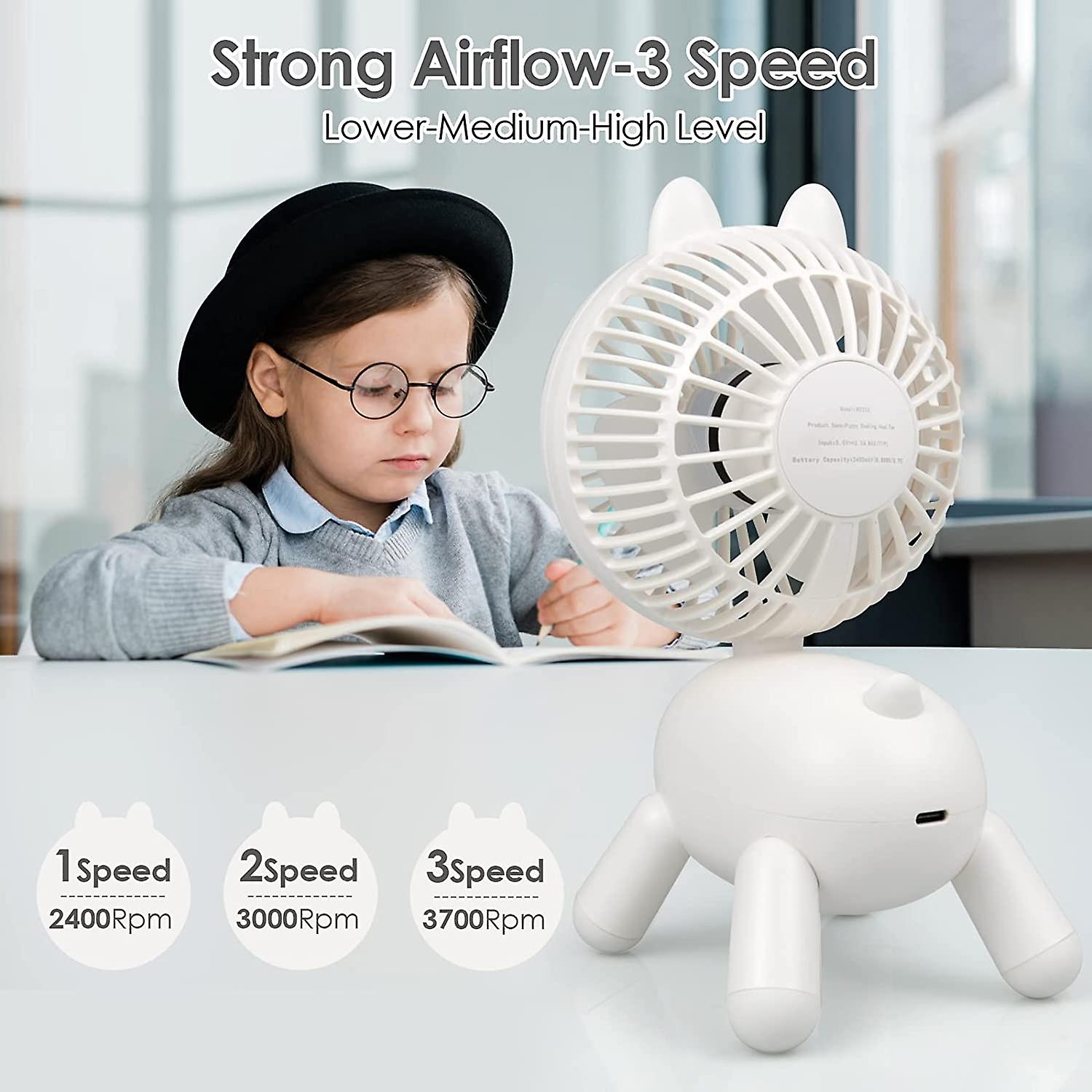 20.3cm Rechargeable Small Desk Fan With Rotating Head 13 Hours Use， 3 Speed Small Desk Fan With Cute Dog Shape For Home/office/workplace，white