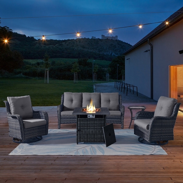 Outdoor Wicker 3Seat Sofa with Fire Pit Table Swivel Chiar Table