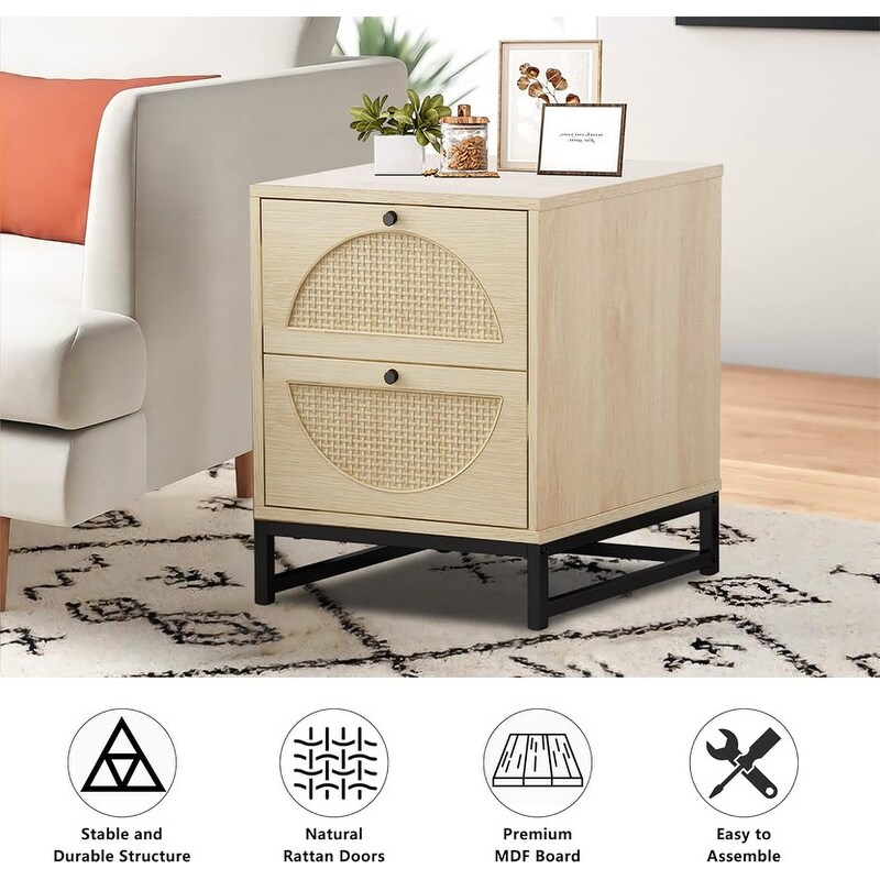 Modern Minimalism Rattan Nightstand  Wood Bedside Table with Two Drawers  Boho End Table  Side Table for Living Room  Bedroom