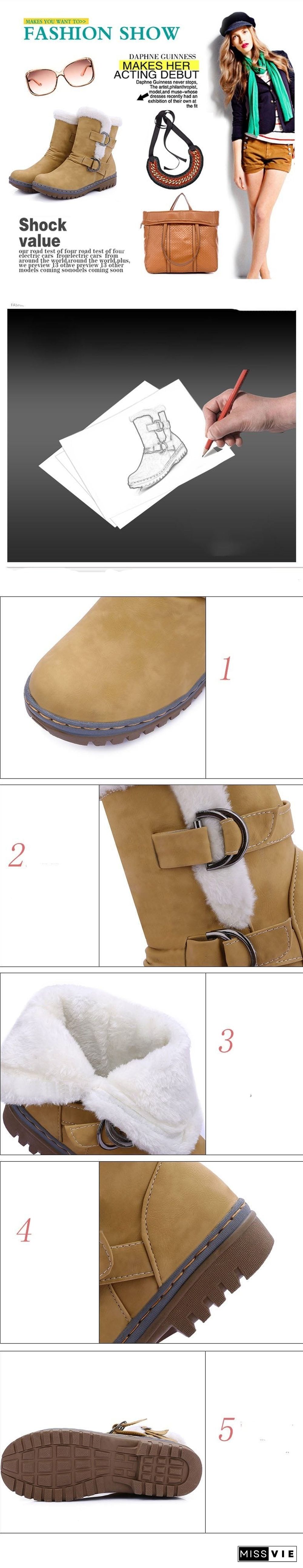 Women Leather Warm mid-calf Plush Fur Velvet Boots Booties Snow Shoes