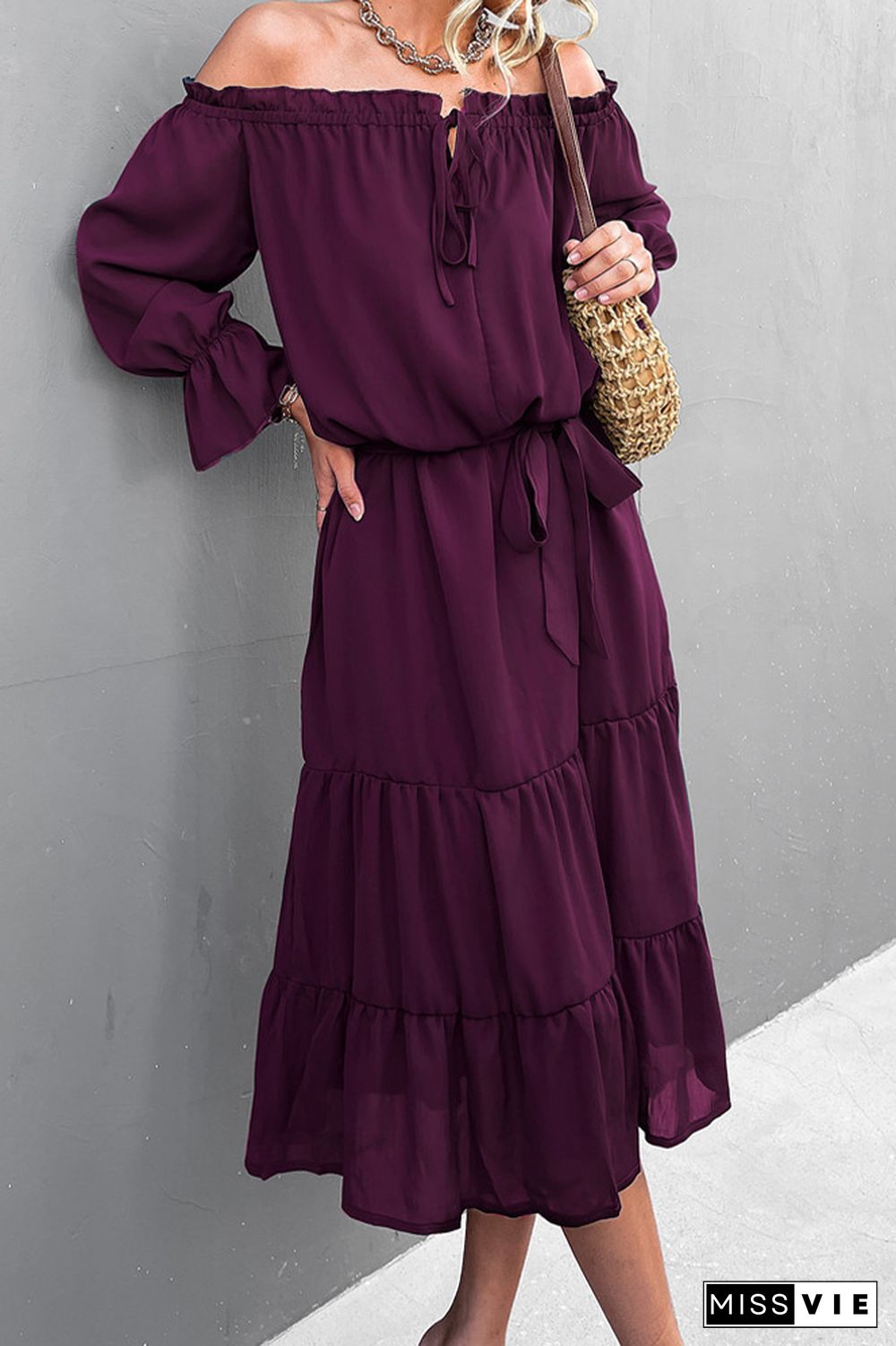 Solid Color Off Shoulder Ruffle Long Sleeves Dress Wholesale