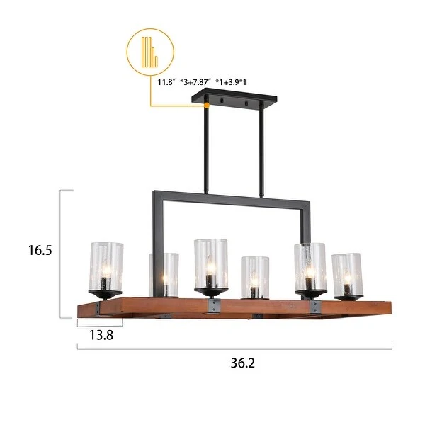 Retro Square Wooden Chandelier Glass Lamp 6 Bulb
