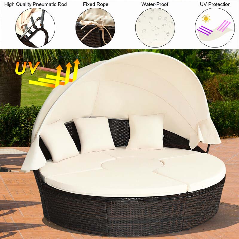 Rattan Wicker Patio Round Daybed with Retractable Canopy & Coffee Table, Outdoor Sectional Furniture Sofa Set