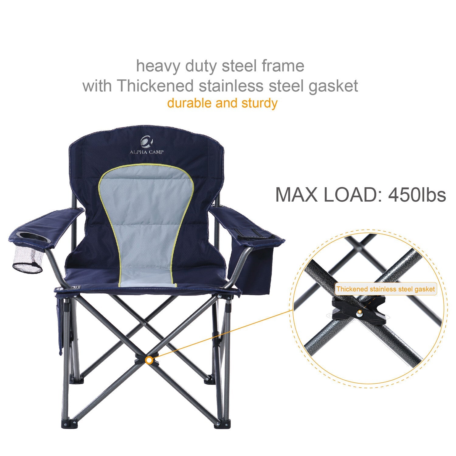 Alpha Camp Oversized Camping Chair Portable Padded Quad Chair Heavy Duty Lawn Chair Steel Frame Arm Chair with Cooler 450LBS Weight Capacity Suitable for Outdoor Camping, Blue