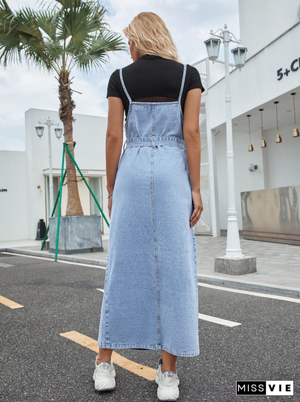 Denim Maxi Cami Dress With Self Waist Tie