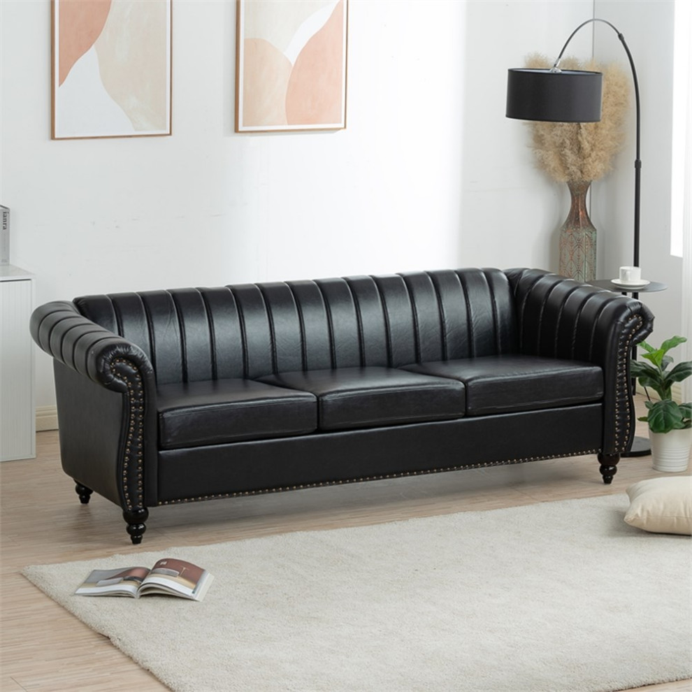 CRO Decor 84  x27 x27W Rolled Arm Chesterfield Three Seater Leather Sofa in Black   Traditional   Sofas   by Homesquare  Houzz