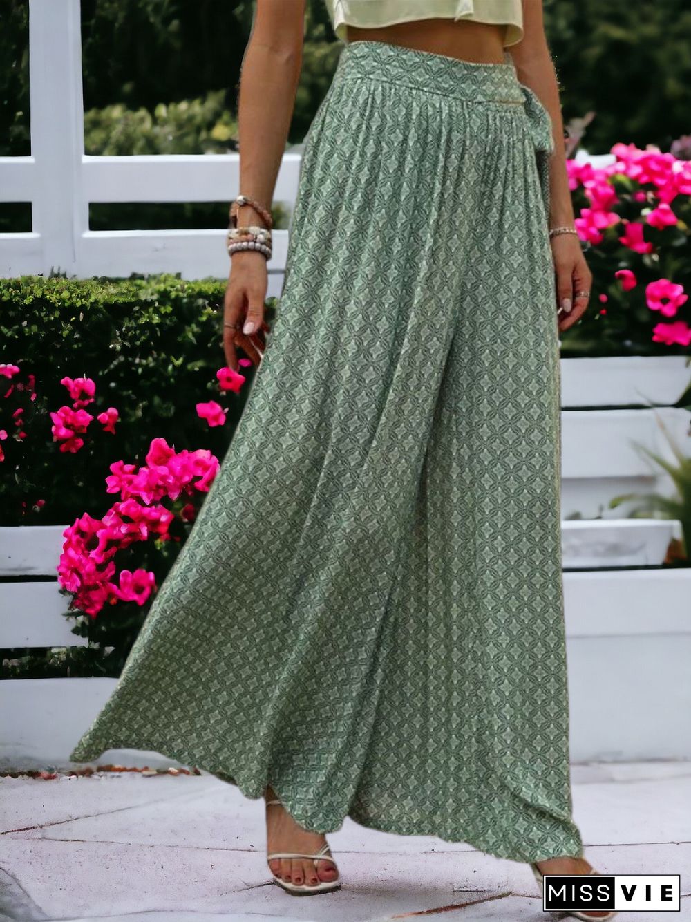 Printed High Waisted Wide Leg Breathable Loose Waist Wrap Pants