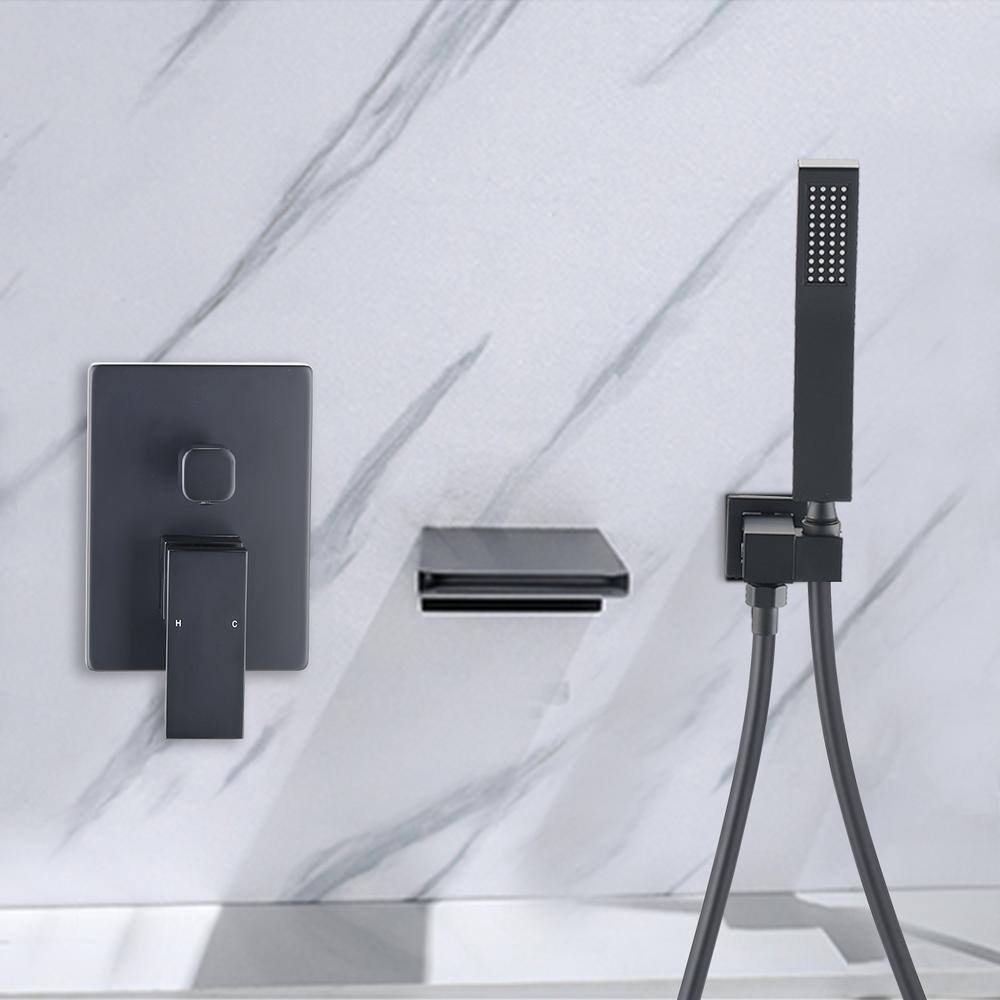 cadeninc Single-Handle Wall Mount Roman Waterfall Tub Faucet with Hand Shower in Matte Black MS-LQBB-12MB