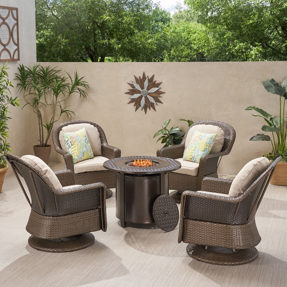 Liam Outdoor 4 Seater Wicker Swivel Chair and Fire Pit Set by Christopher Knight Home