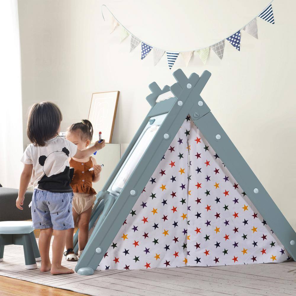 4-in-1 Teepee Tent with Stool and Climber in Blue LN20232786