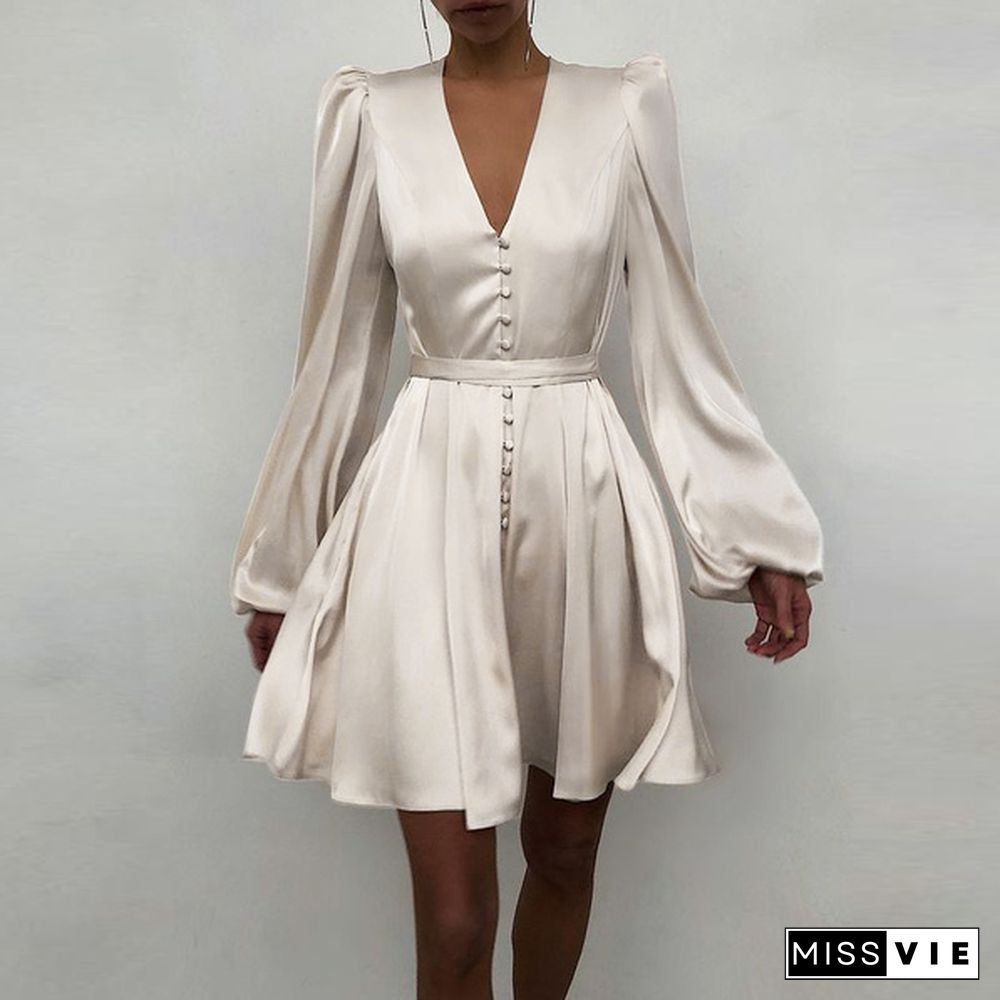 Women Solid Color Stain V Neck Puff Long Sleeve Cocktail Dress Casual Fashion Party Belted Midi Dress Plus Size Kleid