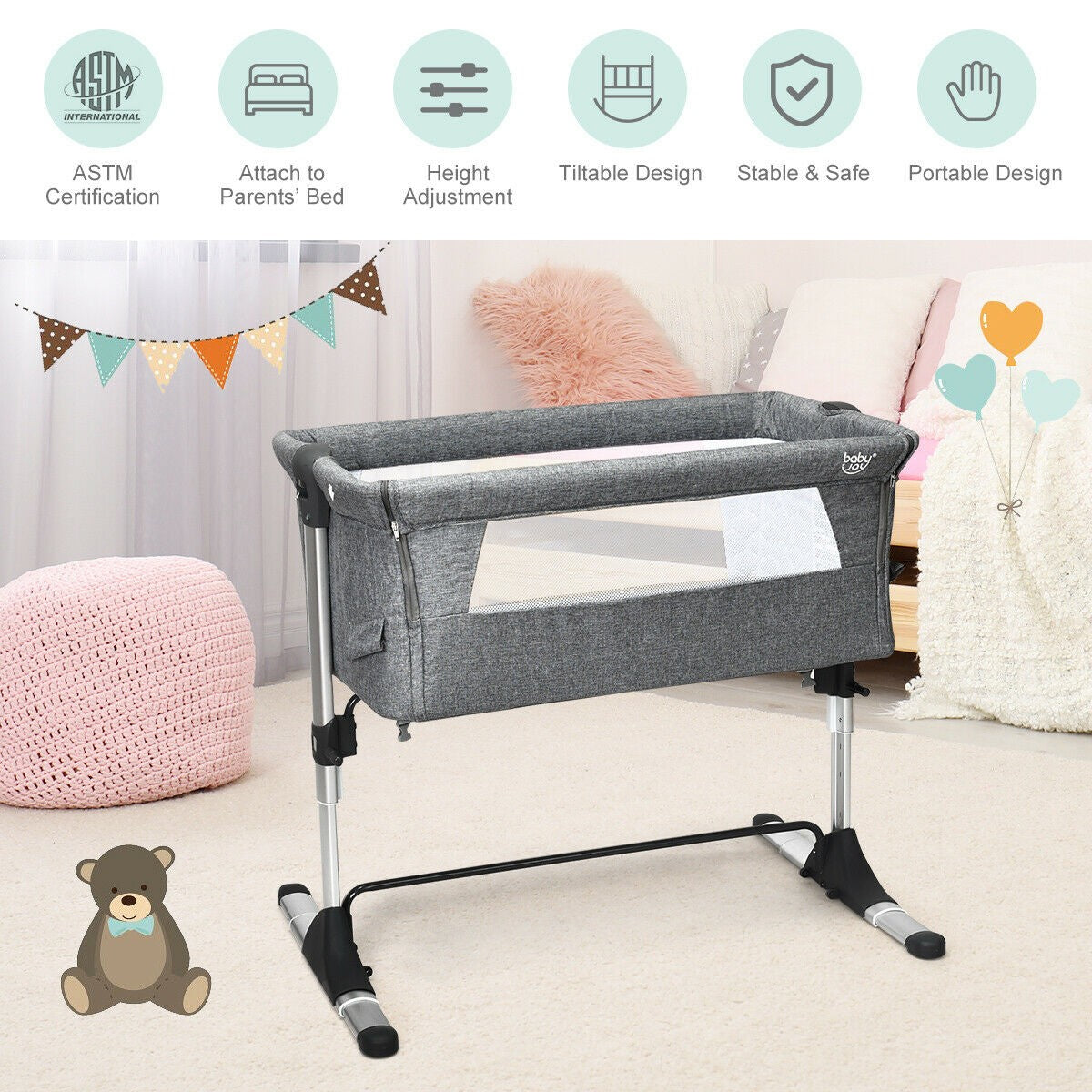 BABY JOY Baby Bedside Crib, Portable Travel Sleeper Bed Side Bassinet w/Carrying Bag