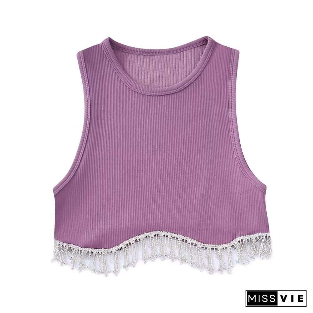 Women High Street Sexy Hem Tassel Diamond Beading Knitting T-Shirt Chic Short Camis Tank Lady Slim Crop Vest Tops Ls1311