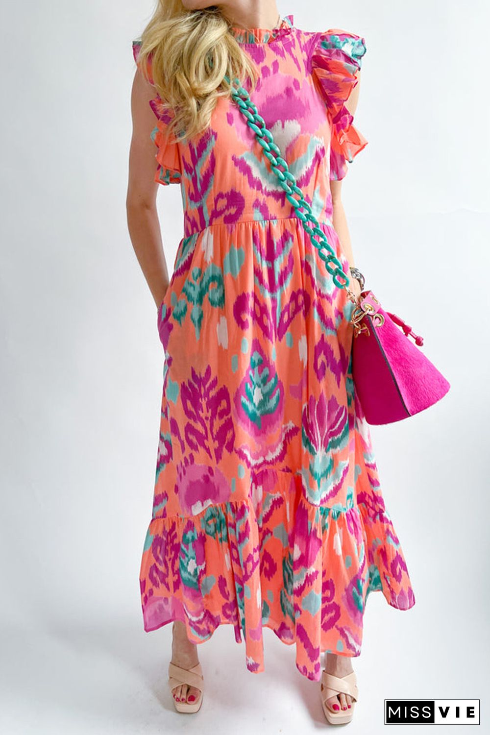 Multicolor Abstract Floral Print Frill Neck Ruffle Maxi Dress