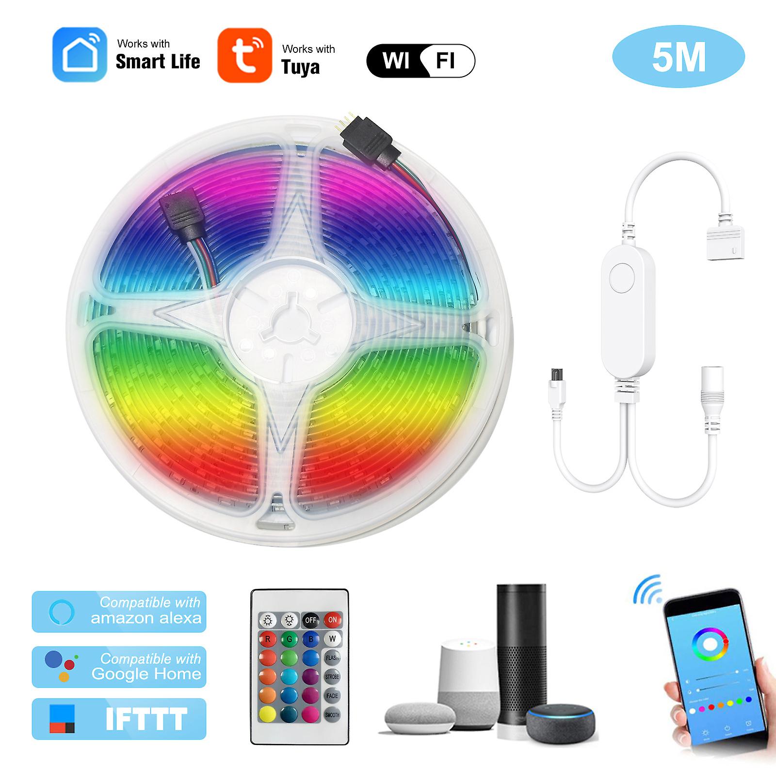 Wifi Led Strip Lights Kit 5m/16.4ft Length Rgb Smart Light Strip Tuya App Remote Control Dimmable Changing Color Compatible With Amazon Alexa Google H